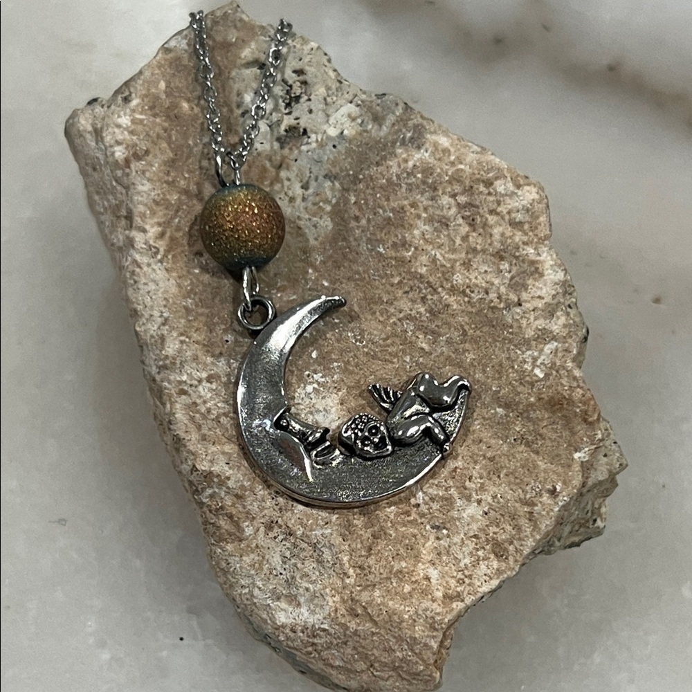 Silver Moon and Angel Pendant Necklace
